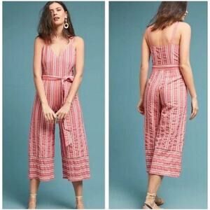 Anthropologie Ett Twa Jumpsuit Womens Small Red Robin Seersucker Stripe Belt Tie